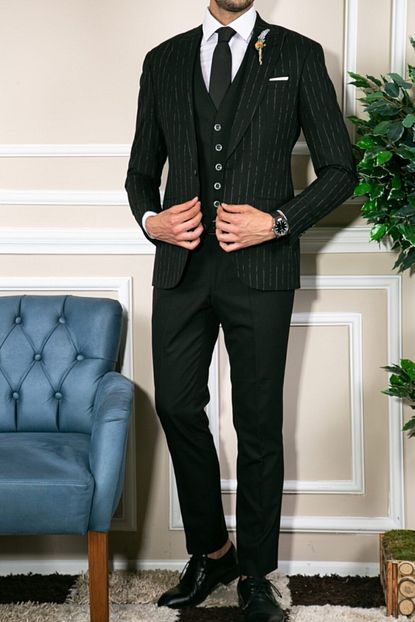 Ravmen Erkek Siyah Slim Fit Yelekli Takim Elbise Trendyol