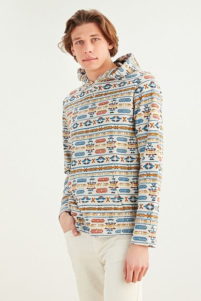 Mudo Erkek Gri Melanj Etnik Desenli Kapusonlu Sweatshirt 372664 Trendyol