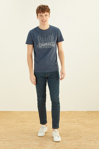 Mudo Erkek Lacivert Baskili Bisiklet Yaka Pamuk T Shirt 371529 Trendyol
