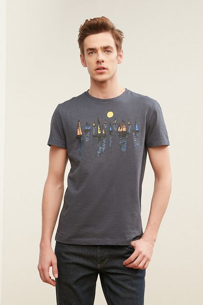 Mudo Erkek Indigo Baskili Bisiklet Yaka Pamuk T Shirt 371527 Trendyol