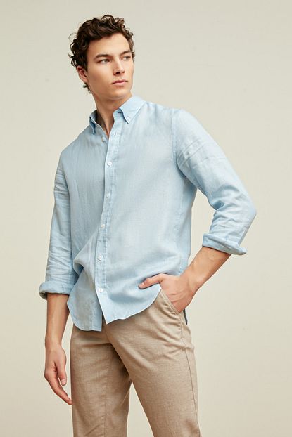 Mudo Erkek Gok Mavisi Slim Fit Keten Gomlek 366988 Trendyol