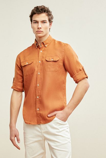 Mudo Erkek Kahverengi Slim Fit Keten Gomlek 1214534 Trendyol