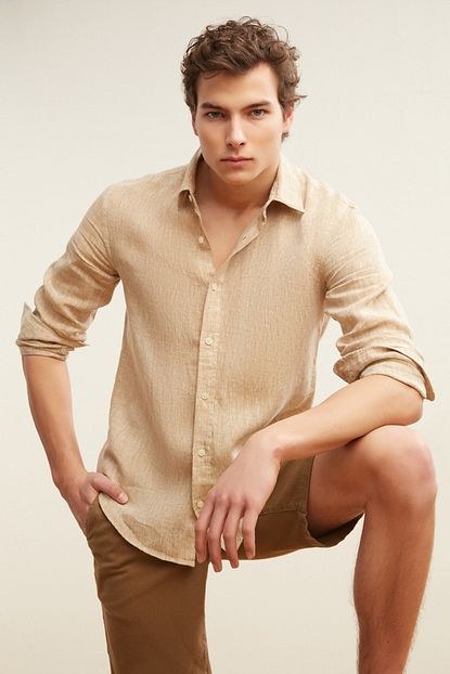 Mudo Erkek Kahverengi Slim Fit Keten Gomlek 1214547 Trendyol