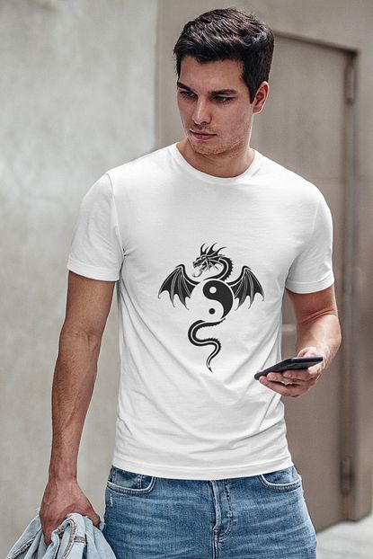Angelloco Erkek Beyaz Yin Yang Ve Ejderha Baskili Penye T Shirt Trendyol