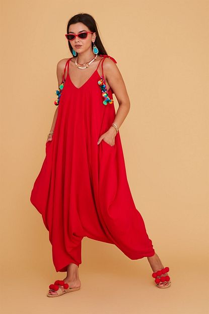 Sik Stil Kadin Kirmizi Coklu Ponponlu Boho Salvar Tulum Trendyol
