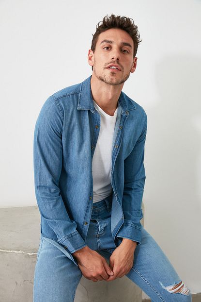 Trendyol Man Indigo Erkek Ince Basic Denim Gomlek Tmnss20go0107 Trendyol