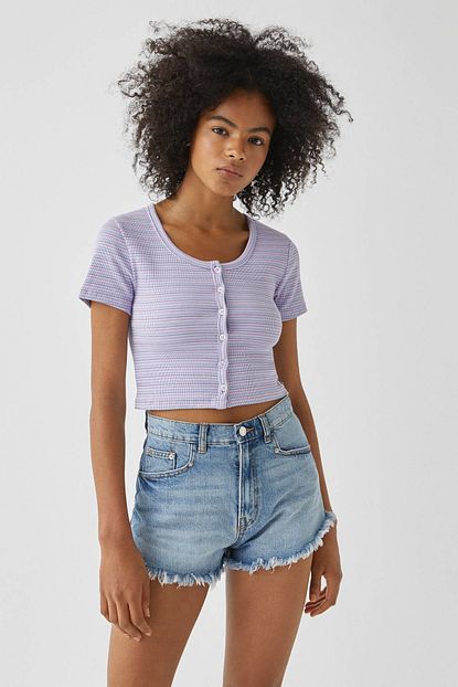 Pull Bear Kadin Lila Kisa Kollu Crop Top 09244351 Trendyol