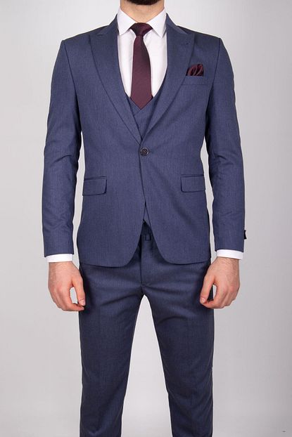 Zayfa Erkek Mavi Slim Fit Yelekli Erkek Takim Elbise Trendyol