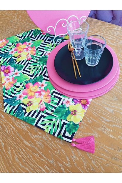 Else Home Collection Renkli Tropik Desen Runner 4 Pembe Supla Set Trendyol