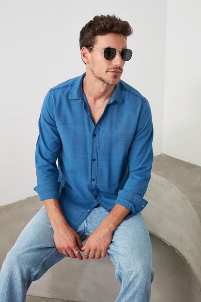 Trendyol Man Mavi Erkek Cizgili Gomlek Yaka Slim Fit Denim Gomlek Tmnaw21go0132 Trendyol