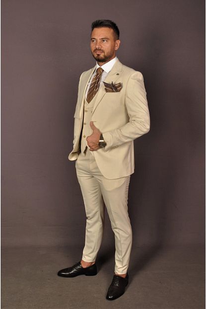 Azzaro Erkek Bej Dar Kesim Italyan Slim Fit Model Yazlik Takim Elbise Trendyol