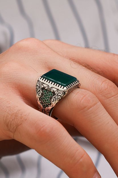 Silva Silver Otantik Motifli Yesil Akik Tasli 925 Ayar Gumus Erkek Yuzuk Trendyol