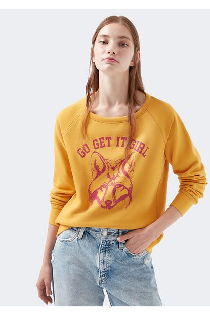 mavi kadin sari kurt baskili sweatshirt