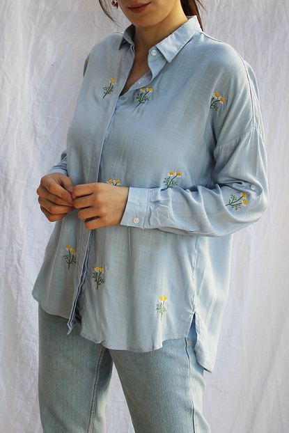 poplin fashion kadin mavi papatya
