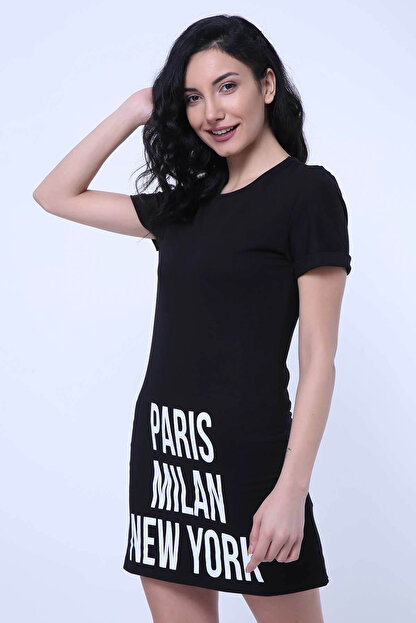 Zafoni Kadin Paris Yazili Elbise Siyah P 00003034 Fiyati Yorumlari Trendyol