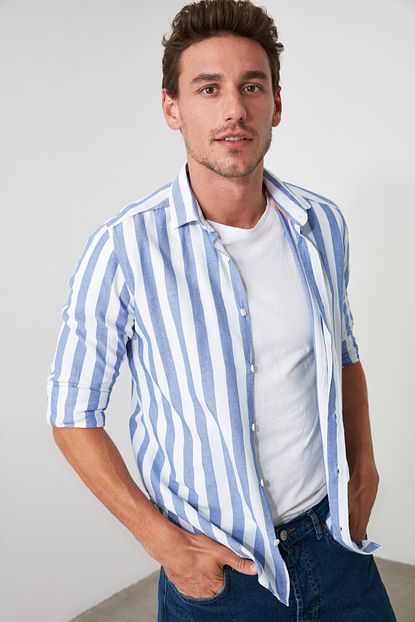 Trendyol Man Indigo Erkek Cizgili Oxford Slim Fit Gomlek Tmnss20go0122 Trendyol