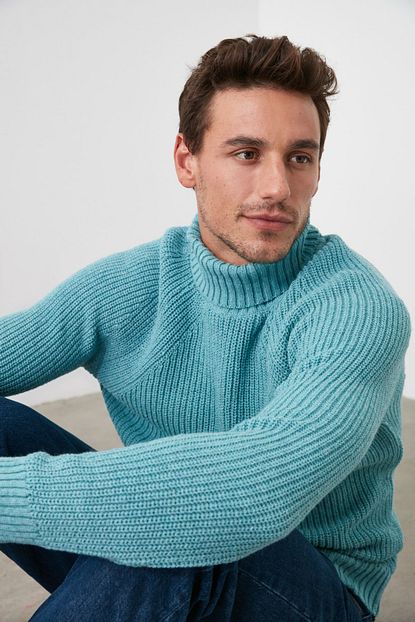 Trendyol Man Mavi Erkek Reglan Kol Balikci Yaka Triko Kazak Tmnaw21kz0404 Trendyol