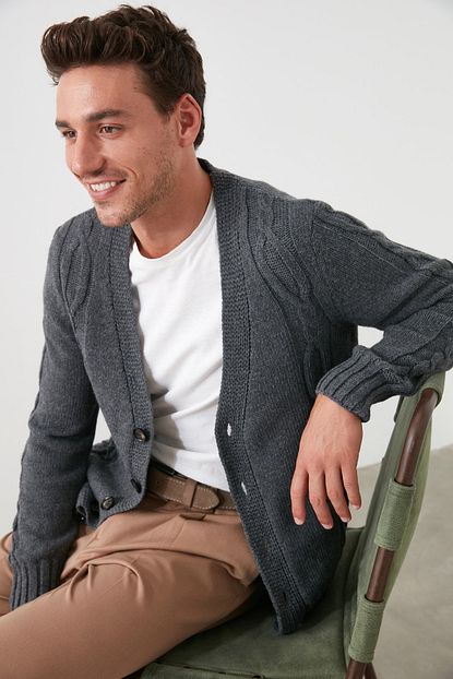 Trendyol Man Gri Erkek Sac Orgu Triko Hirka Tmnaw21hi0208 Trendyol