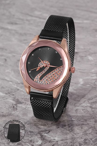 Polo55 Plkhm003r06 Tasli Kugu Desenli Kadran Prizma Cam Hasir Orme Miknatisli Kordon Siyah Kol Saati Trendyol