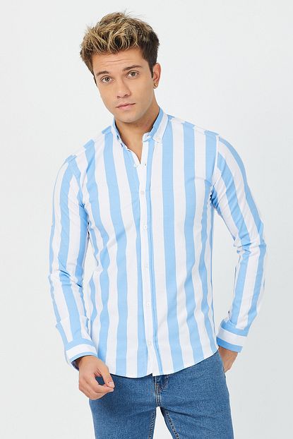Tarz Cool Erkek Beyaz Cizgili Pamuklu Slim Fit Gomlek Trendyol