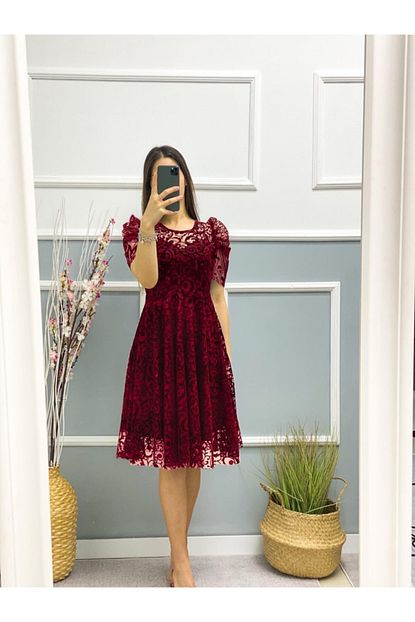 bordo dantelli elbise la1003