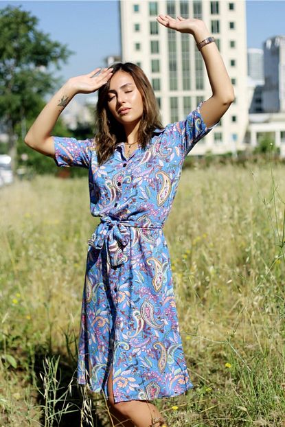 Fashion Fox Kadin Mavi Zemin Renkli Cicekli Gomlek Elbise 11283 Trendyol