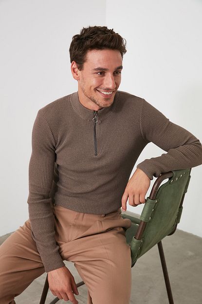 Trendyol Man Vizon Erkek Fitilli Yarim Balikci Yakasi Fermuarli Slim Fit Triko Kazak Tmnaw20kz1034 Trendyol
