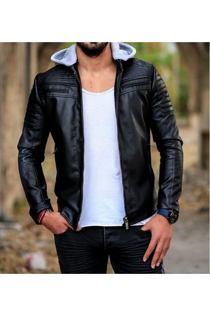Dcs Collection Erkek Siyah Deri Slim Fit Dar Kesim Kapsonlu Ceket Trendyol