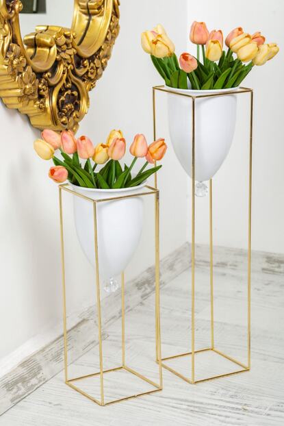Mhk Collection Altin Renkli 2 Li Buyuk Ayakli Vazo Ciceklik Trendyol