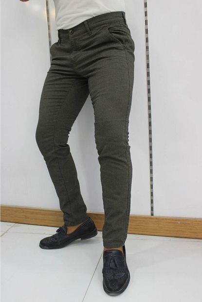 Tansas Plus Erkek Haki Kucuk Kare Detayli Spor Darkesim Likrali Keten Pantolon Trendyol