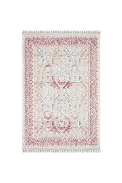 Modern Desenli Hali Cokmeli Geometrik Tasarim Pembe Beyaz Ebat 80x150 Cm
