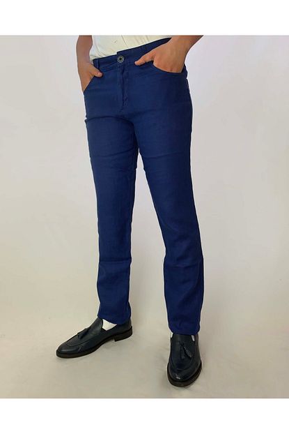 Daniel Voi Erkek Saks Mavi Keten Slim Fit Pantolon Trendyol