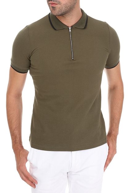 Ghassy Co Erkek Haki Fermuarli Yaka Cizgili Polo Yaka T Shirt Trendyol