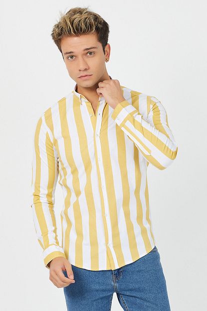 Tarz Cool Erkek Sari Cizgili Pamuklu Slim Fit Gomlek Trendyol
