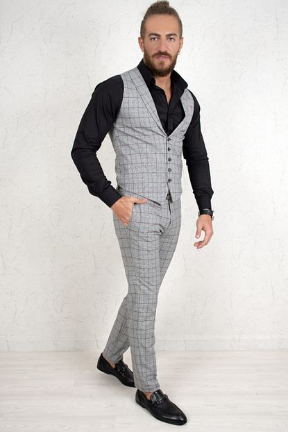 Italyan Stil Erkek Ceket Yelek Pantolon Gri Takim Elbise T3555