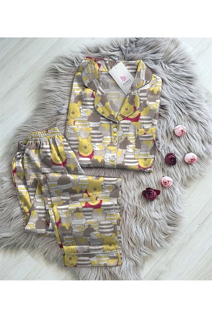 Pembishomewear Kadin Gri Winnie The Pooh Saten Kruvaze Gomlek Pijama Takimi Trendyol