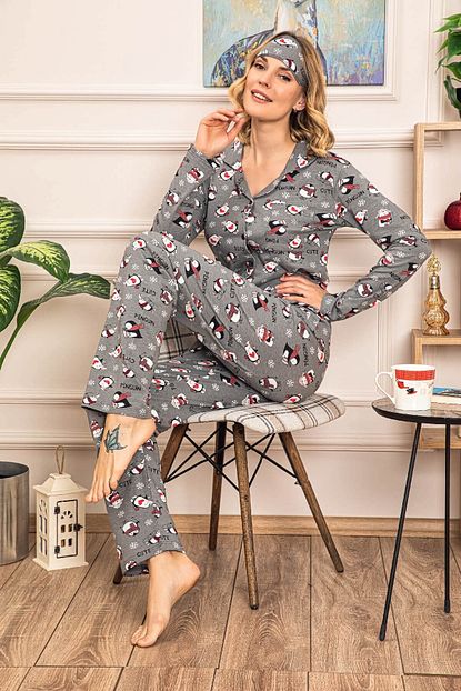 Tekten Kadin Goz Bantli Dugmeli Kislik Pijama Takimi Trendyol
