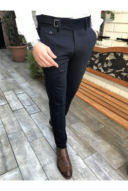 Terziademaltun Erkek Lacivert Italyan Stil Slim Fit Korseli Kumas Pantolon T4453 Trendyol