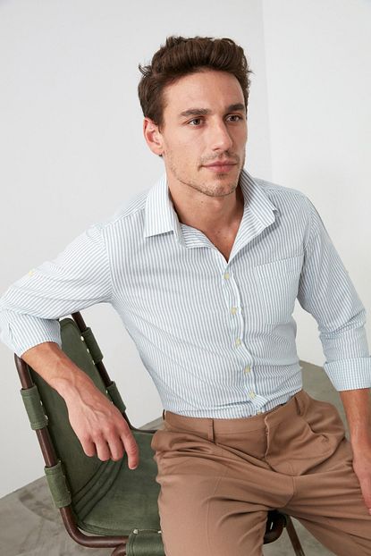 Trendyol Man Haki Erkek Apoletli Cizgili Slim Fit Gomlek Tmnss20go0603 Trendyol
