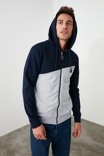 Trendyol Man Lacivert Erkek Fermuarli Panelli Kapusonlu Sweatshirt Tmnaw21sw0348 Trendyol