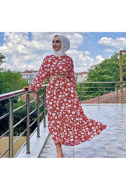 Efulim Kadin Kirmizi Cicekli Elbise Trendyol