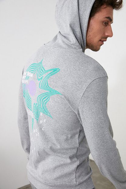 Trendyol Man Gri Erkek Uzun Kollu Kapusonlu Sirt Baskili Ince Kumas Sweatshirt Tmnaw20sw0353 Trendyol