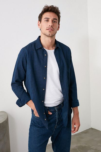 Trendyol Man Lacivert Erkek Keten Gomlek Tmnss20go0102 Trendyol