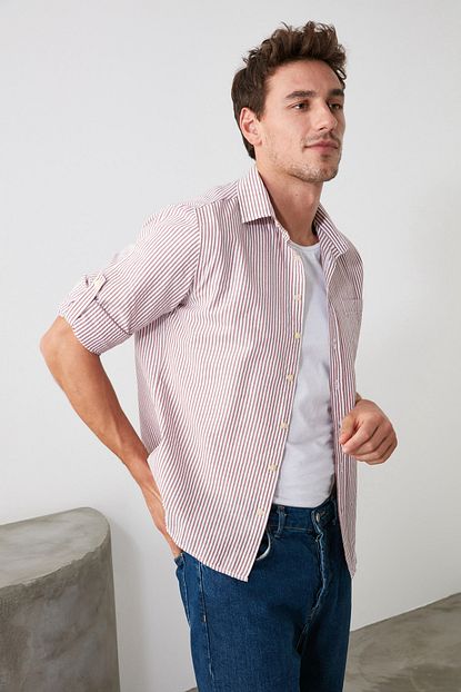 Trendyol Man Bordo Erkek Apoletli Cizgili Slim Fit Gomlek Tmnss20go0603 Trendyol