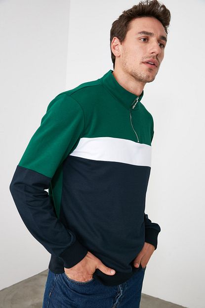 Trendyol Man Ordek Basi Yesili Erkek Panelli Uzun Kollu Hakim Yaka Fermuarli Sweatshirt Tmnaw20sw0129 Trendyol