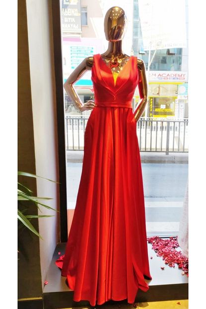 Medcezir Moda Cepli Kirmizi Saten Abiye Elbise Trendyol