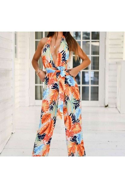 Fashion Cocktail Kadin Krem Fashion Cocktail Sirt Dekolteli Esnek Uzun Cicekli Tulum Trendyol