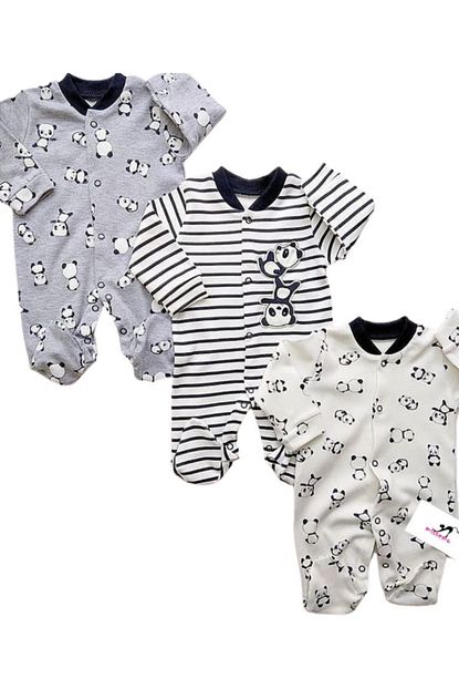 Necix S Unisex Bebek Gri Panda Desenli Bebek Tulum Seti 3 Lu Trendyol