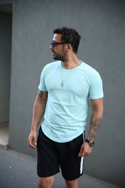 Scsarvin Erkek Turkuaz Oval Kesim Basic T Shirt Trendyol