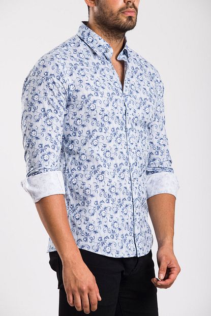 Biblos Uomo Erkek Mavi Slimfit Premium Desenli Gomlek Trendyol